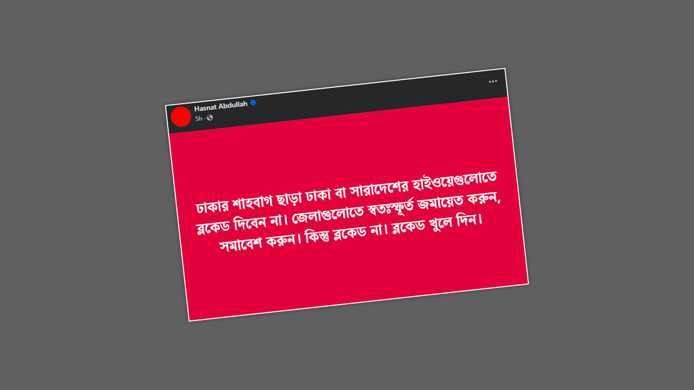 ঢাকা বা সারা দেশের হাইওয়েগুলোতে ব্লকেড দিবেন না: হাসনাত আব্দুল্লাহ