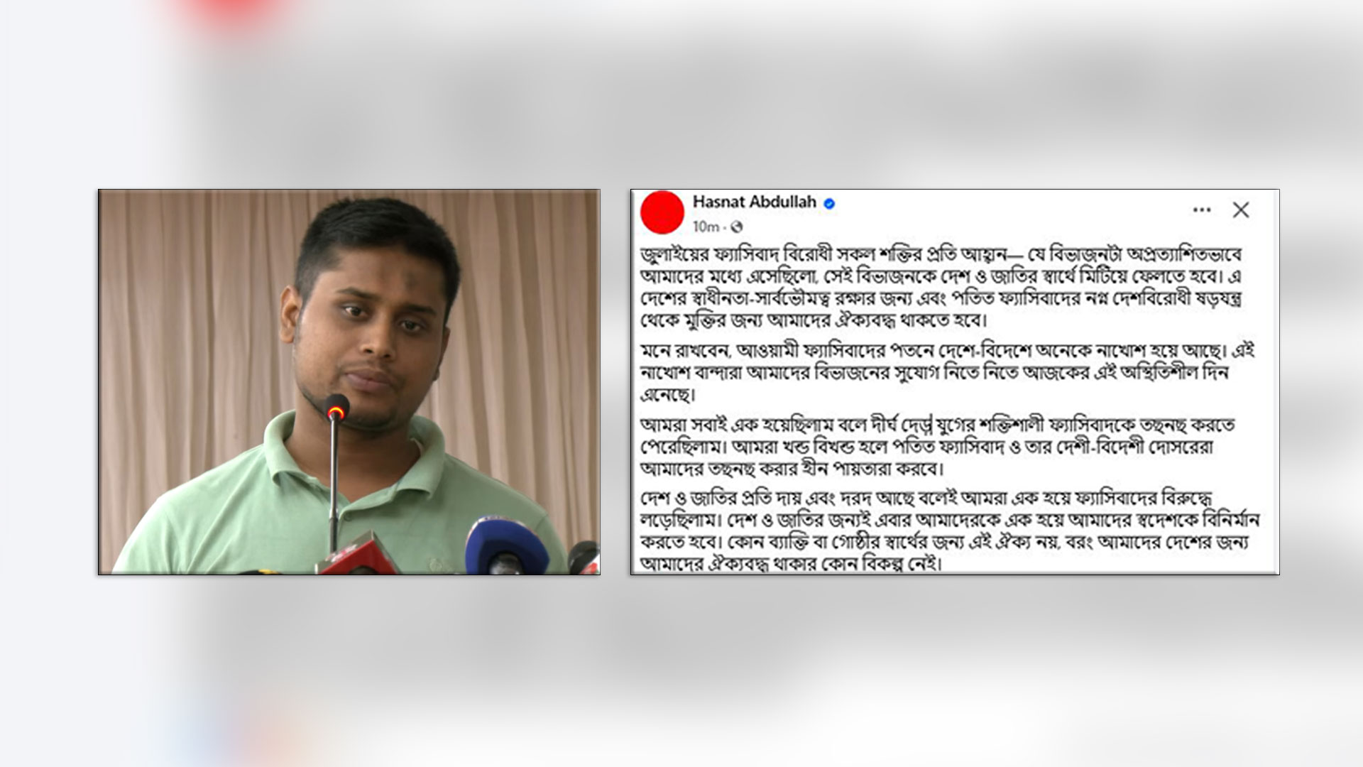 দেশ ও জাতির স্বার্থে বিভাজন মিটিয়ে ফেলতে হবে: হাসনাত আবদুল্লাহ